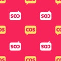 Yellow Mathematics function cosine icon isolated seamless pattern on red background. Vector Illustration
