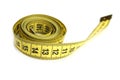 Yellow measuring tape twisted, isolated on a white background