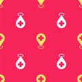 Yellow Medical map pointer with cross hospital icon isolated seamless pattern on red background. Vector