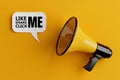 Yellow Megaphone with Like, Share, Click Me Sign on a Speech Clouds Chat Bubble. 3d Rendering Royalty Free Stock Photo