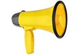 Yellow megaphone on white background isolated closeup, hand loudspeaker design, loud-hailer or speaking trumpet, yellow press sign