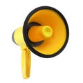 Yellow megaphone on white background isolated closeup, hand loudspeaker design, loud-hailer or speaking trumpet, yellow press sign