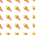 Yellow melon ice cream in waffle cones seamless pattern on white background