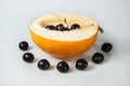Compisition on white background with fruit. Melon and cherrys