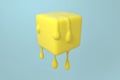 Yellow melting cube with liquid drop details, 3d rendering