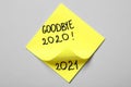 Yellow memory stickers with text Goodbye 2020 and number 2021 on light grey background, top view
