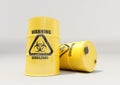 Yellow metal barrels with black biohazard warning sign on white background