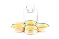 Yellow metal food carrier or vintage tiffin thai food carrier on white background kitchenware object isolated Royalty Free Stock Photo