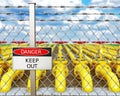 Yellow metal pipes are laid far to horizon behind the netting fence with barbed wire and warning sign, pipeline concept, 3d