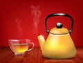 Yellow metal teapot and glass cup of tea