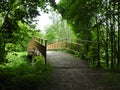 Yellow metallic footbridge bu river Sysa, Lithuania Royalty Free Stock Photo