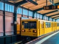 Yellow metro train travels to berlin transport