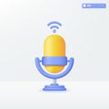 Yellow Microphone on stand and wifi icon symbols. equipment for audio broadcasts, music, karaoke, recording, studio concept. 3D Royalty Free Stock Photo