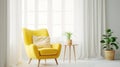 Yellow mid-century armchair against of window dressed with white curtain. Interior design of modern minimalist living room