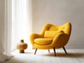Yellow mid-century armchair against of window dressed with white curtain. Interior design of modern minimalist living room. Royalty Free Stock Photo