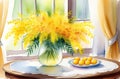 Yellow mimosa flowers stand in a glass vase on the table. Holiday concept, postcards