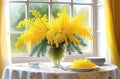 Yellow mimosa flowers stand in a glass vase on the table. Holiday concept, postcards