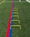 Yellow mini agility hurdles on a green turf field
