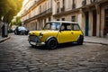 Yellow Mini Car Against a French Street Background