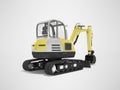 Yellow mini excavator with hydraulic mechpatoy on crawler with ladle 3d render on gray background with shadow Royalty Free Stock Photo