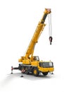 Yellow mobile crane with an extended boom and hook, set against a plain white Royalty Free Stock Photo