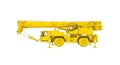 Yellow mobile crane with an extended telescopic boom displayed against a plain white backdrop. The Royalty Free Stock Photo