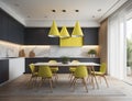 yellow modern dining room design with glass walls, generative ai Royalty Free Stock Photo