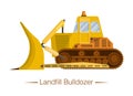 Yellow modern landfill bulldozer for garbage. Special equipment for landfills. Waste sorting, transportation, recycling