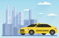 Yellow modern taxi car on the urban city background landscape vector illustration. Royalty Free Stock Photo
