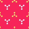 Yellow Molecule icon isolated seamless pattern on red background. Structure of molecules in chemistry, science teachers