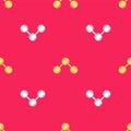 Yellow Molecule icon isolated seamless pattern on red background. Structure of molecules in chemistry, science teachers