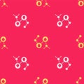 Yellow Molecule oil icon isolated seamless pattern on red background. Structure of molecules in chemistry. Vector