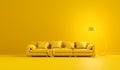 Yellow monochrome interior with modern leather sofa and a floor lamp with copy space