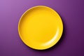 Yellow Monochrome Plate On Purple Background, Top View. Generative AI