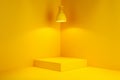 Yellow monochrome square stand or podium at the corner of a room with a ceiling lamp on top for product display or presentation