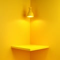 Yellow monochrome square stand or podium shelf at the corner of a room with a ceiling lamp on top for product display or