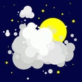 Yellow moon with stars hidden behind white gray clouds, night