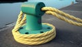 Yellow mooring bollard green ropes anchorage boat dock industry rope shipping docked equipment harbor hawser iron breakwater