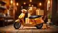 Yellow moped with lots of Corton boxes. Courier service for express deliveries