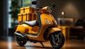 Yellow moped with lots of Corton boxes. Courier service for express deliveries