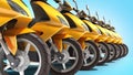 Yellow moped scooter parking Transport wheel 3d render on blue gradient