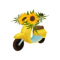 Yellow moped with sunflower flowers. Vector illustration on white background.