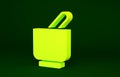 Yellow Mortar and pestle icon isolated on green background. Minimalism concept. 3d illustration 3D render Royalty Free Stock Photo