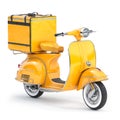 Yellow motor bike with delivery bag isolated on white. Scooter express delivery service