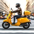 Yellow motor scooter, city delivery courier, urban transportation illustration