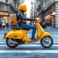 Yellow motor scooter, city delivery courier, urban transportation illustration