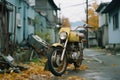 a yellow motorcycle parked on the side of the road