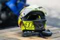 Yellow motorcycle sports helm AGV with painting number 46