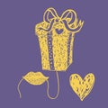 Yellow mout holding a thread with gift box as balloon isolated on violet background