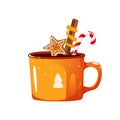 Yellow mug of hot chocolate, cocoa. Christmas drink with cinnamon, candy canes, gingerbread cookies.